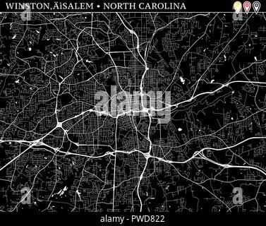 Einfache Karte von Winston - Salem, North Carolina, USA. Schwarze und weiße Version für saubere Hintergründe und druckt. Diese Karte von Winston - Salem enthält drei m Stock Vektor