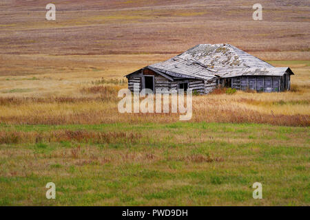 Ein Bröckelnden Bauernhaus auf der Kanadischen praries. Stockfoto