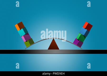 Konzept 4 4 Color Cubes gestapelt im Gleichgewicht auf einer Biegung Streifen von Holz, Gleichgewicht Stockfoto