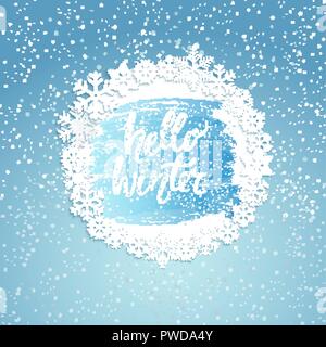 Hallo Winter Grußkarte mit Vintage frame von Schneeflocken. Gruß Winter mit Silvester und Weihnachten, handgezeichneten Schriftzug. Vector Illustration. Stock Vektor