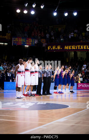 13. Oktober 2018, Palau Blaugrana, Barcelona, Spanien; Liga ENDESA Basketball; FC Barcelona Lassa versus Tecnyconta Zaragoza; Schweigeminute für die Stockfoto