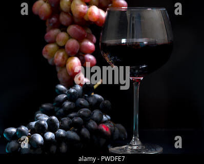 Weinbau-Konzept mit Wein und frischen Trauben der roten und schwarzen Trauben über einen schwarzen Hintergrund Stockfoto