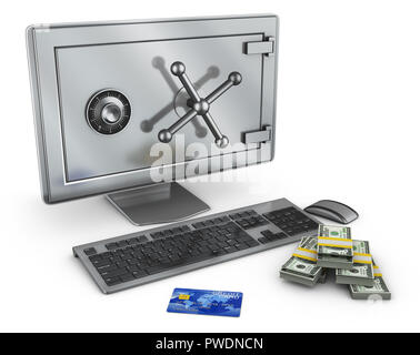 Ein Personal Computer, bei dem der Bildschirm ist ein Safe. 3D-Rendering. Stockfoto