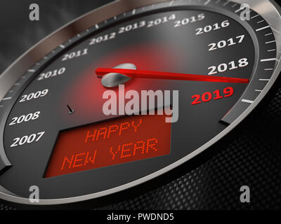 Der Tachometer zeigt an 2019 und die Inschrift auf dem Bildschirm: ein Frohes Neues Jahr. 3D-Rendering Stockfoto