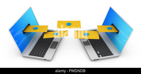 Zwei Notebooks, von denen Fliegen gelben Umschläge mit einer e-Mail zu signieren. 3D-Rendering Stockfoto
