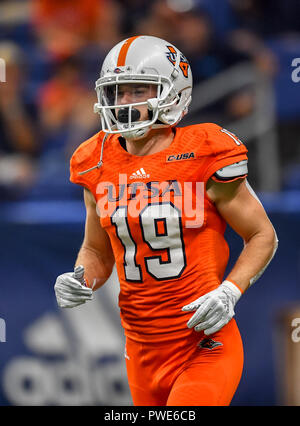 Oktober 13, 2018, San Antonio, TX... UTSA Roadrunner Empfänger, Blaze Moorhead (19), während der NCAA Football Spiel zwischen der Universität von Texas in San Antonio Roadrunners und der Louisiana Tech Bulldoggen, in San Antonio, TX. (Absolut komplette Fotograf & Company Credit: Joseph Calomeni/MarinMedia.org/Cal Sport Media) Stockfoto