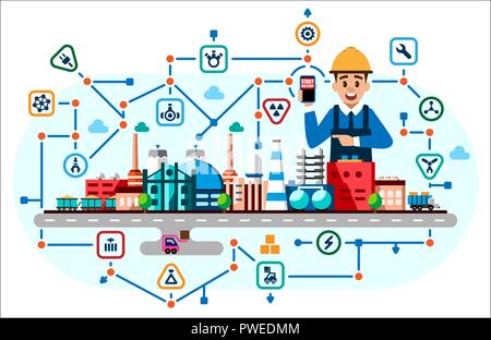 Globalen industriellen Fabrik Technologie Prozess mit Ökologie Konzept. Flat Style Abbildung: Herstellung Gebäude mit dem Techniker. Smart Factory mit neuronalen Netzes und Symbole. Industrie 4.0 Stock Vektor