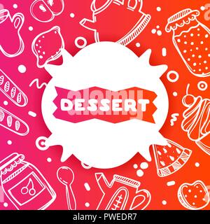 Bunte gradient Flyer für Cafe auf glänzenden Hintergrund mit Dessert Zitat. Lineare doodle Abbildung: Essen. Weißer Aufkleber auf mehrfarbigen Farbverlauf. Stock Vektor