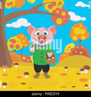 Das Schwein ernten Pilze im Wald. Vector Illustration. Symbol für 2019. Stock Vektor