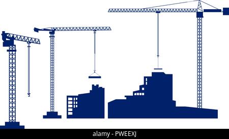 Set Turmdrehkran ein Haus baut. Dunkelblau Silhouetten von Gebäuden und Krane auf weißem Hintergrund. Vector Illustration. Stock Vektor