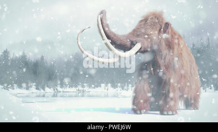 Mammuts, Prähistorische Säugetiere im verschneiten Eiszeit landscap Stockfoto