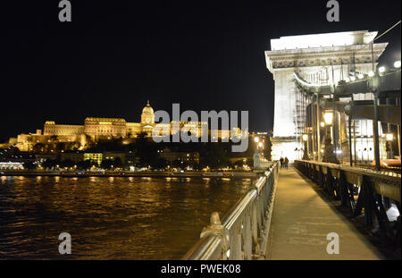 Széchenyi Kettenbrücke bei Nacht, Budapest, Ungarn Stockfoto