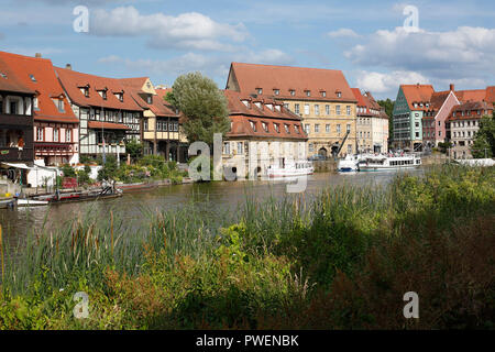 D-Bamberg, Regnitz und Main-Donau-Kanal, Oberfranken, Franken, Bayern, Klein Venedig an der Regnitz, Klein-Venedig, der ehemalige Fischerei, Angeln, Landschaft, Fluss Regnitz Landschaft, Flussufer, Wohnhäuser, Fachwerkhäuser, Häuserreihe, UNESCO Weltkulturerbe Stockfoto