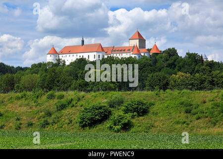 D-Woerth-an-der-donau, Donau, Oberpfalz, Bayern, Schloss Wörth an der Donau, Renaissance, Panorama, Landschaft, Wiese, Wald Stockfoto