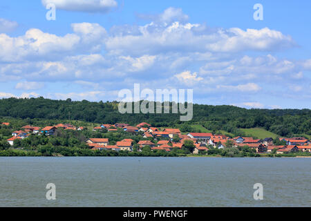 Serbien, Serbien, Bor, Opstina Kladovo, Milutinovac, mit Blick auf das Dorf, die Wohngebäude an der Donau, Donau, Donau Landschaft, Flusslandschaft, hügeliges Land, Wald, Wald Stockfoto