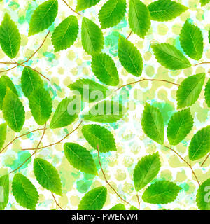 Eine nahtlose Muster der grünen Blätter und Zweige auf einem Hintergrund von Aquarell Pinselstriche, eine lebendige Sommer wiederholen Stockfoto
