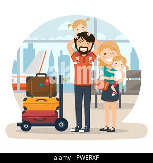 Happy Family am Flughafen auf Ihren Flug warten. Vector Illustration Stock Vektor