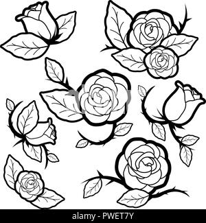 Rosen, Dornen und Knospen im Tattoo-Stil. Rose Flash Tattoos Kollektion. Rosenblüten, Knospen und Blätter. Vektor-Schwarzweiß-Farbseite. Stock Vektor