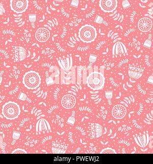 Folk weiße Blumen auf rosa Hintergrund Vektor nahtlose Muster. Hand-Drawn blüht Textur. Traditionelle Schwarzweiß Flora. Classic Floral Doodles. Stock Vektor