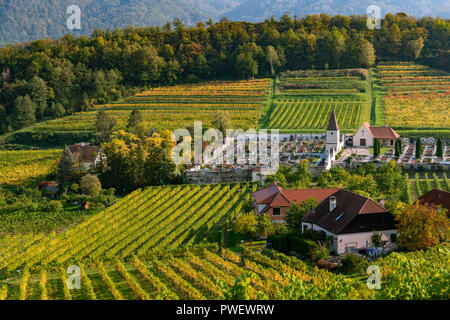 Friedhof in den Weinbergen in der Nähe von Spitz an der Donau im Herbst (Wachau, Niederösterreich) Stockfoto