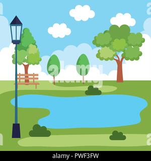 Park Landschaft mit See Szene Vector Illustration Design Stock Vektor