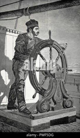 Kupferstich mit der Darstellung eines Steuermann am Ruder, Rangieren ein Schiff. 19. Stockfoto