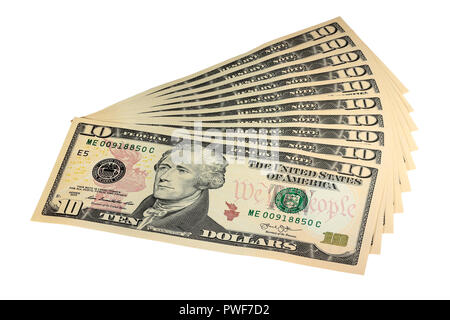 Ein Fan von $ 10 Rechnungen auf weißem Hintergrund Stockfoto