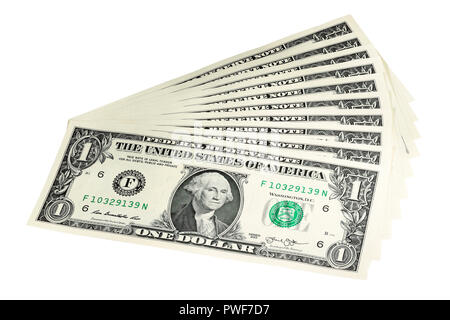 Ein Fan von $ 1 Rechnungen auf weißem Hintergrund Stockfoto