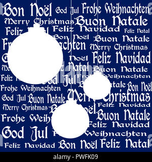 Silhouetten von Weihnachten Kugeln mit Frohe Weihnachten in den Hintergrund in Englisch, Französisch, Italienisch, Portugiesisch, Deutsch, Spanisch und Schwedisch. Weiß und Stockfoto