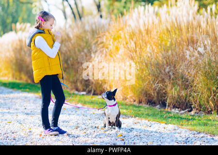 Kleine Mädchen spielen in einem Herbst park mit Boston Terrier Hund. Freizeit Konzept Stockfoto