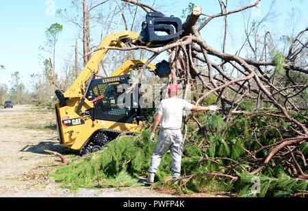 Master Sgt. Christopher Fischer, schwere Ausrüstung Fahrer, Guides Staff Sgt. Alex Spano, elektrische Facharbeiter und Senior Airman Gonard Caudill, Heavy Equipment operator, alle aus den 202. Geben Sie der Camp Blanding, Fla. im Kompaktlader verwenden ein gefallener Baum auf Debi Straße im Bayou George Gegend von Panama City Oktober 14, 2018, 14. Oktober 2018 zu löschen. Die GEBEN Sie auf Für ihr Know-how in der effizienten Route clearing genannt nach dem Hurrikan Michael durch kamen. (U.S. Air National Guard Foto: Staff Sgt. Carlynne DeVine). () Stockfoto