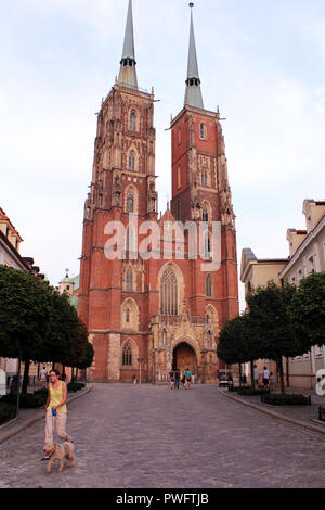 Frau geht Hund auf Anfang Sommer Abend vor der Kathedrale von St. Johannes der Täufer in Ostrow Tumski Bezirk f Wroclaw, Polen Stockfoto