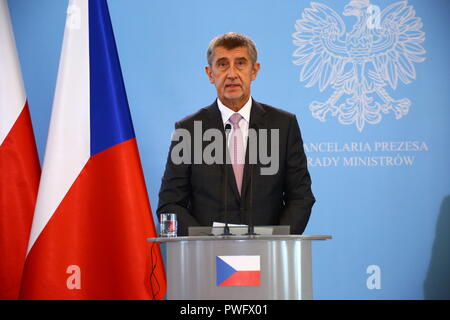 Warschau, Polen. 15 Okt, 2018. Der tschechische Premierminister Andrej Babis trifft der polnische Premierminister Mateusz Morawiecki für den offiziellen Besuch in Warschau. Credit: Jakob Ratz/Pacific Press/Alamy leben Nachrichten Stockfoto