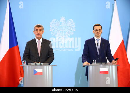 Warschau, Polen. 15 Okt, 2018. Der tschechische Premierminister Andrej Babis trifft der polnische Premierminister Mateusz Morawiecki für den offiziellen Besuch in Warschau. Credit: Jakob Ratz/Pacific Press/Alamy leben Nachrichten Stockfoto