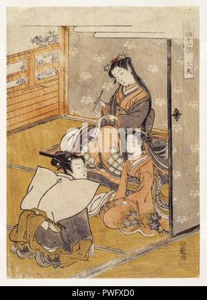 Junge Frau mit Jugendlichen und jungen Attendant Taifu von furyu Jinrin Juniso - Isoda Koryusai. Stockfoto