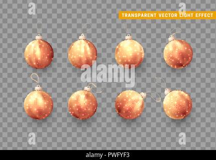 Weihnachten Kugeln und Christbaumkugel rote Farbe. Xmas goldenen Ornament leuchtende Dekoration Elemente. Neue Jahre kleine auffällig glitzernden Dekor. Objekt isoliert einen Hintergrund mit transparenten Effekt. Stock Vektor