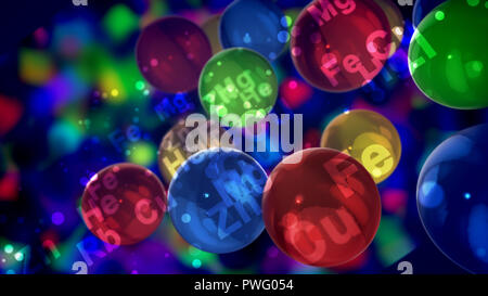 Eine fröhliche 3d-Abbildung des sehen-durch bunte Kugeln mit den Zeichen der chemischen Elemente glänzen hell in der Nähe und fliegen um in einem gemütlich, wie ich Stockfoto