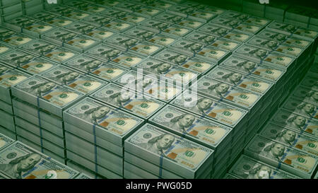 Eine herzzerreißende 3D-Darstellung von 100 Dollar Scheine in Bündel in einer großen Bank depository platziert. Auf dem Beobachten des angesehenen Rechnungen gibt es Bild Stockfoto