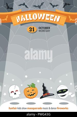 Vorlage Plakat für Halloween mit lustigen Comicfiguren. Für Ihre Nachricht. Flache Bauform. Vector Illustration. Stock Vektor