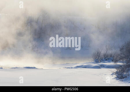 Nebel über dem Fluss an einem frostigen Morgen und weiß verschneite Feld im Winter Stockfoto