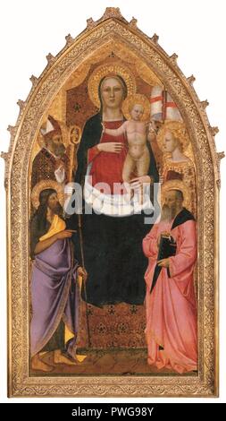 Madonna mit Kind auf dem Thron mit Heiligen Reparata Zenobius Johannes der Täufer und Johannes der Evangelist - Nardo di Cione. Stockfoto