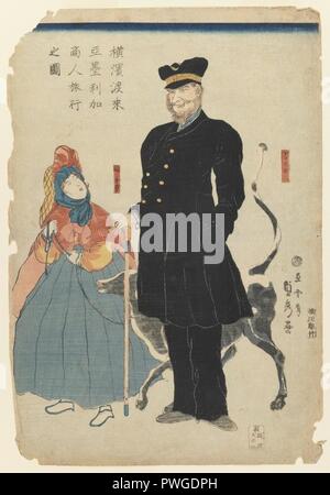 Ein amerikanischer Kaufmann und seine Tochter Bummeln in Yokohama - sadahide Gountei. Stockfoto