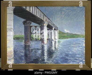 Die Seine und die Eisenbahnbrücke von Argenteuil (La Seine et le Pont du chemin de fer d'Argenteuil) - Gustave Caillebotte. Stockfoto