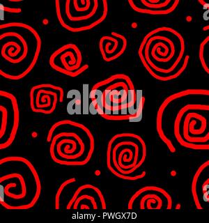 Nahtlose Muster. Ungleichmäßige rote Spiralen auf schwarzem Hintergrund. Stock Vektor