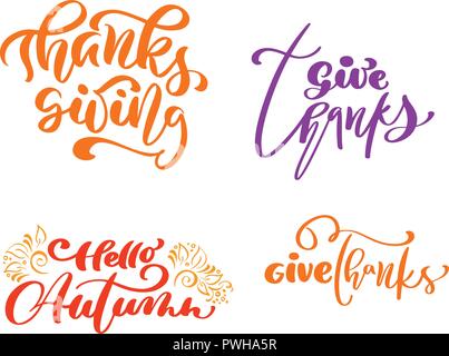 Satz von vier Kalligraphie Phrasen Danke, Danksagung, Hallo Herbst. Ferienwohnung Familie Positive text Zitate Schriftzug. Postkarte oder Poster grafik design Typografie Element. Hand Vektor geschrieben Stock Vektor