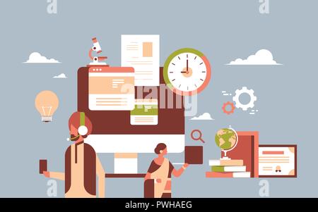 Indische Leute Headsets mit Gadgets e-Learning online Ausbildung Konzept indischen Mann Frau Porträt waagrechten banner Vector Illustration Stock Vektor
