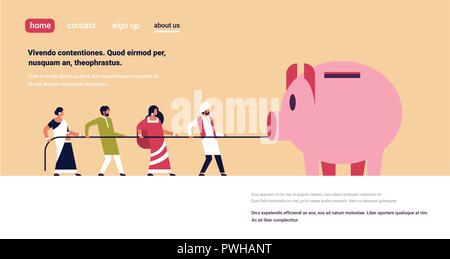Indische Leute Team ziehen Seil piggy Bank Geld Wachstum Konzept indischen Mann Frau Teamarbeit erfolgreiche Strategie kopieren Raum flach Vector Illustration Stock Vektor