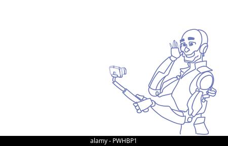 Moderne Roboter unter selfie Fotos futuristische künstliche Intelligenz Mechanismus Technologie Skizze doodle horizontale Vektor illustration Stock Vektor