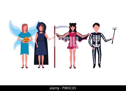 woman man wearing different costumes standing together happy halloween concept isolated male female cartoon character full length flat horizontal Stock Vektor
