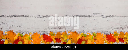 Herbst bunte Blätter von verschiedenen Bäumen auf dem Hintergrund der alten Boards Stockfoto